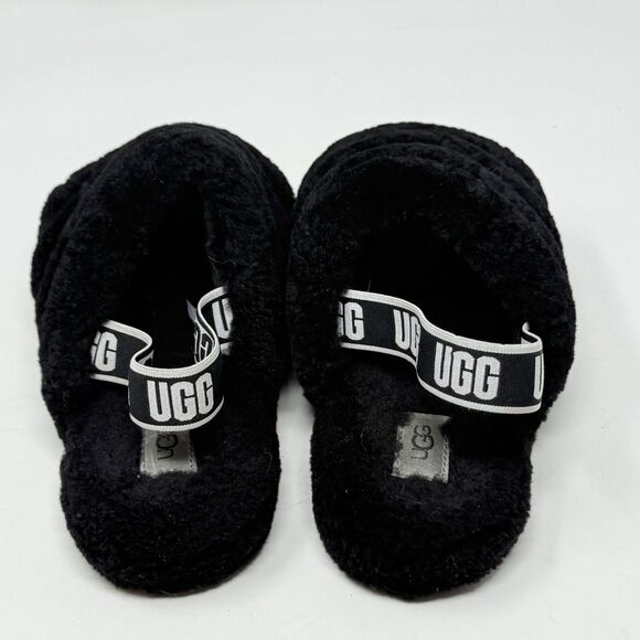 UGG Fluff Yeah Shearling Slingback Slippers Kids Girls 5 Black Red Open Toe - Picture 9 of 14